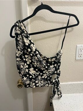 Free People Black & White Floral One-Shoulder Tie Crop Top